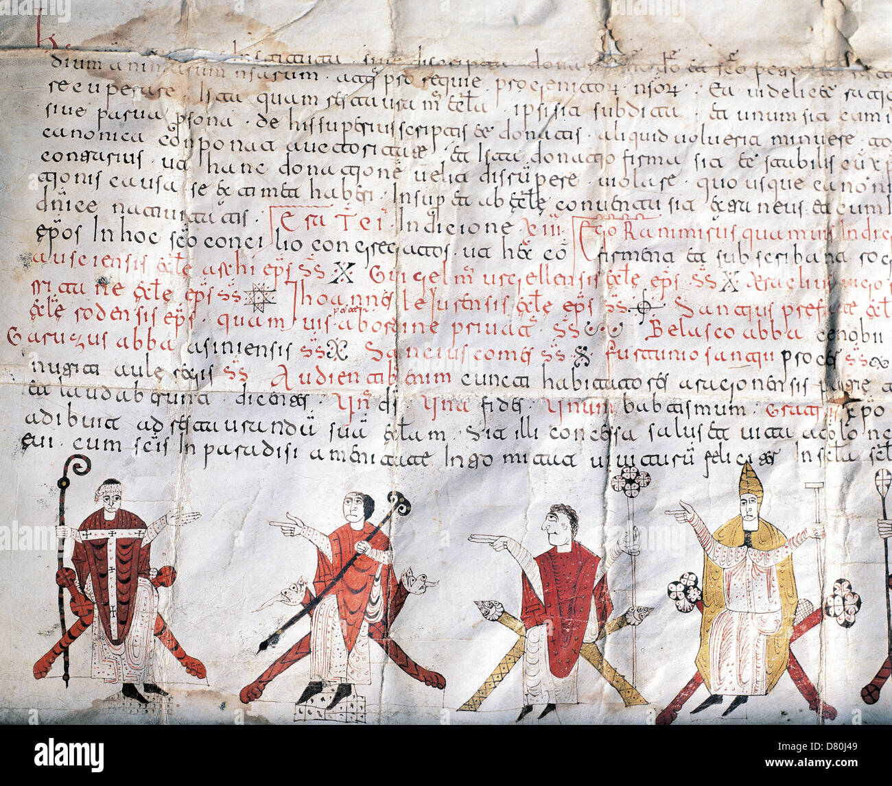 Protokoll des Rates von Jaca. 11. Jahrhundert. Fragment einer beleuchteten Schriftrolle. An der Unterseite, Bischöfe. Stockfoto