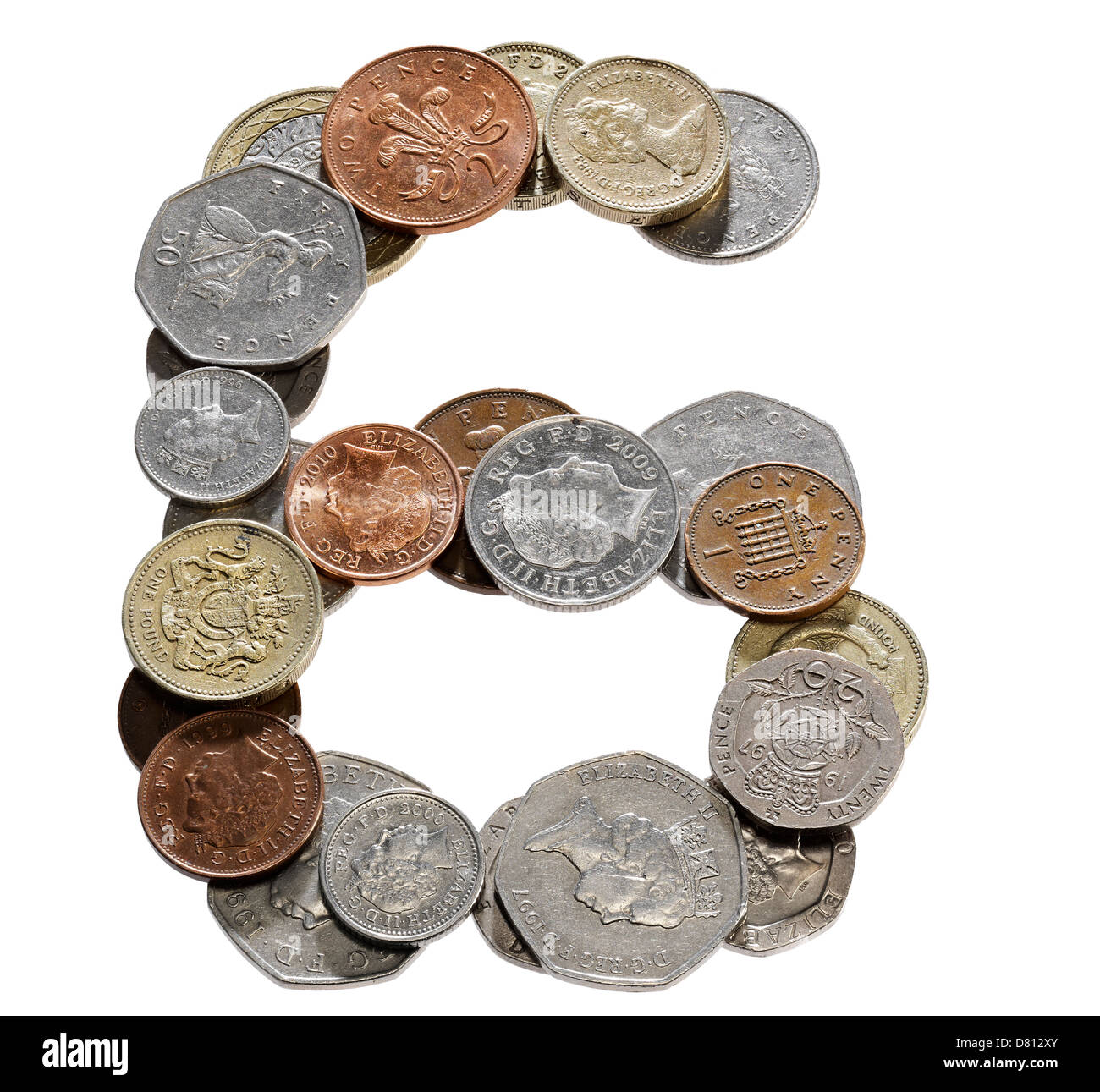 UK-Münze Schriftart Zahlen Buchstaben Wörter Stockfoto
