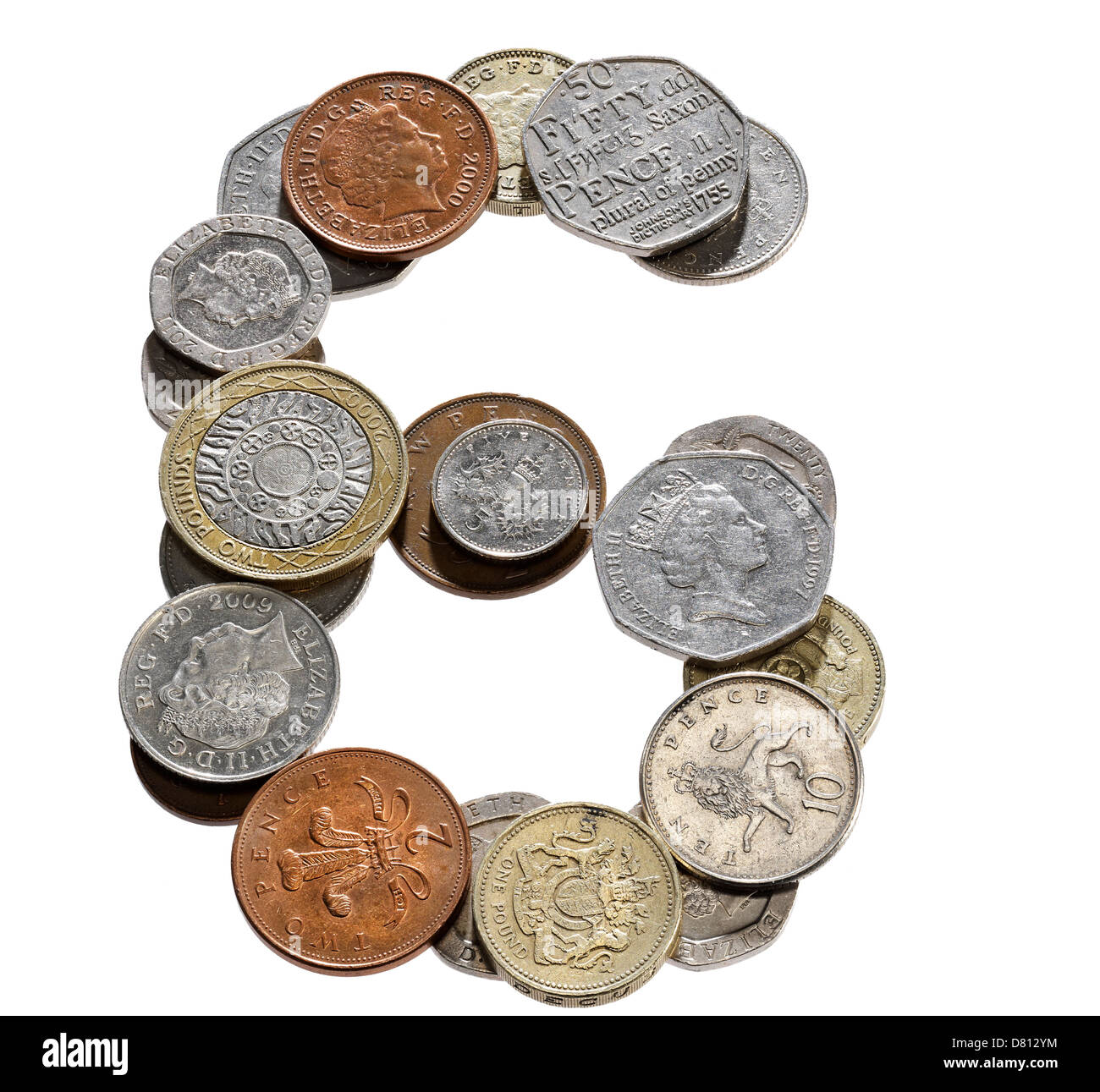 UK-Münze Schriftart Zahlen Buchstaben Wörter Stockfoto