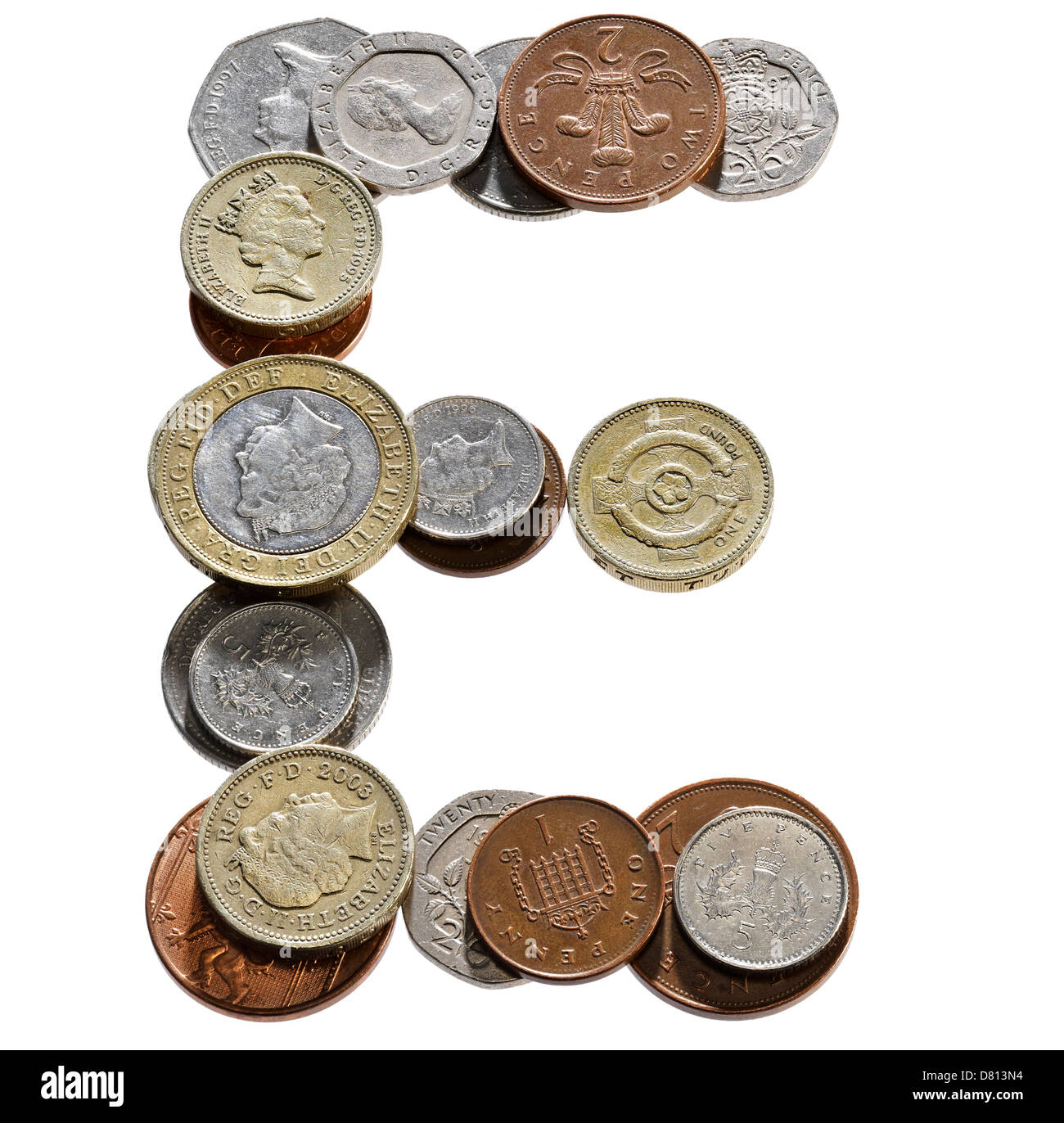 UK-Münze Schriftart Zahlen Buchstaben Wörter Stockfoto