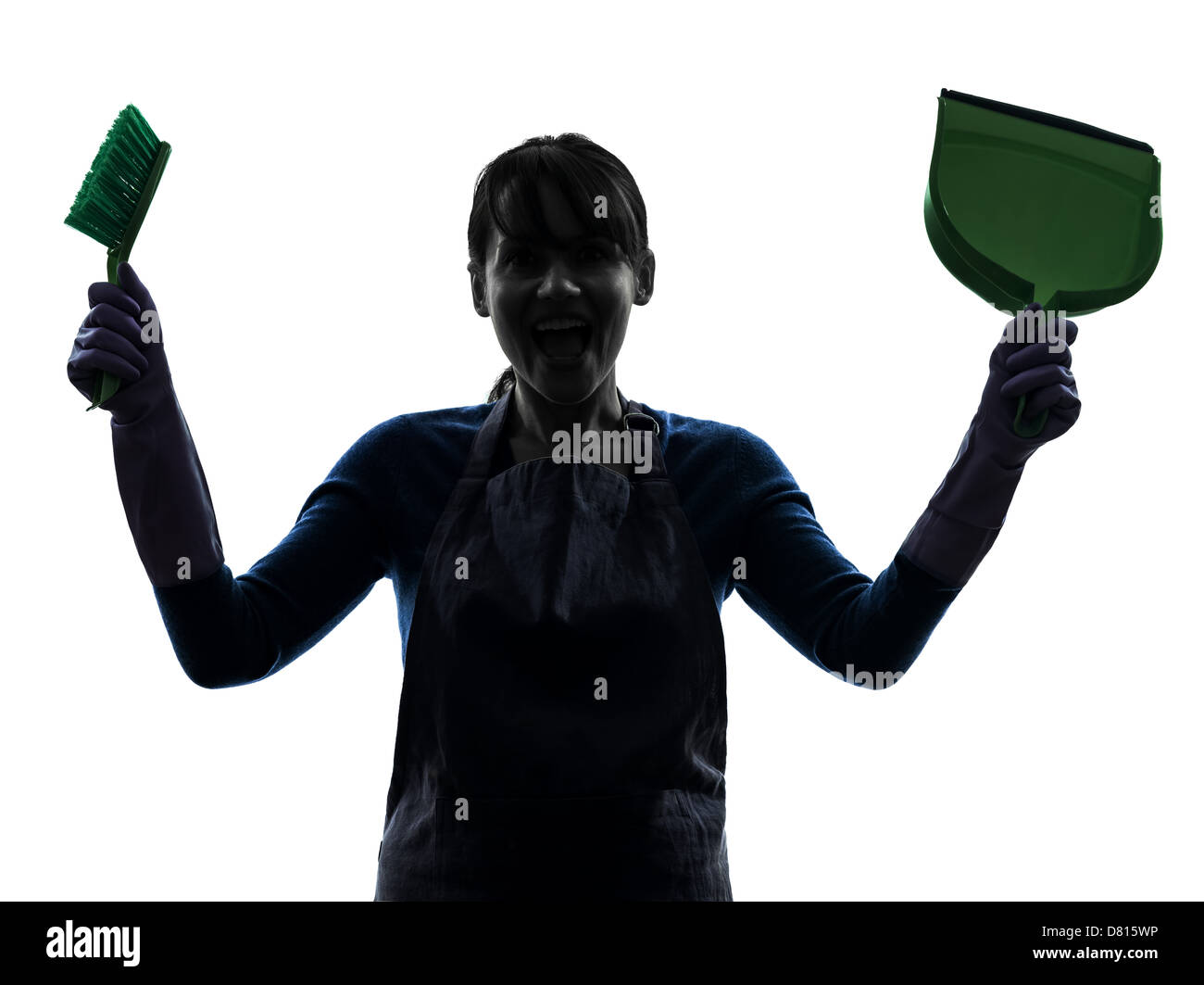 eine Frau Magd Reinigung im Silhouette Studio isoliert auf weißem Hintergrund Stockfoto