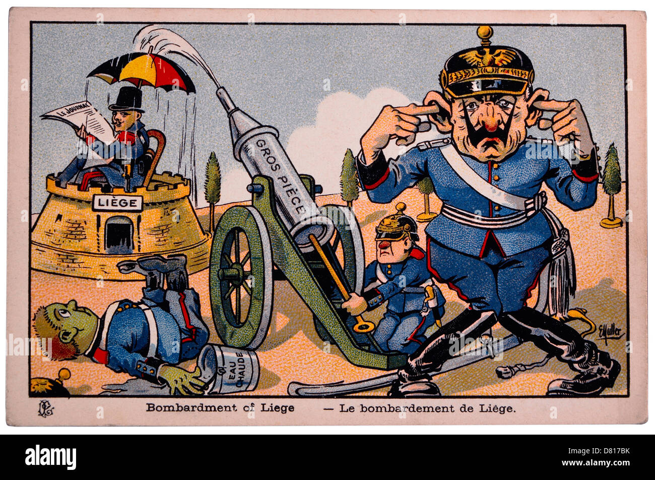 Ersten Weltkriegs französische satirische Karte, Bombardierung von Lüttich, ca. 1918 Stockfoto