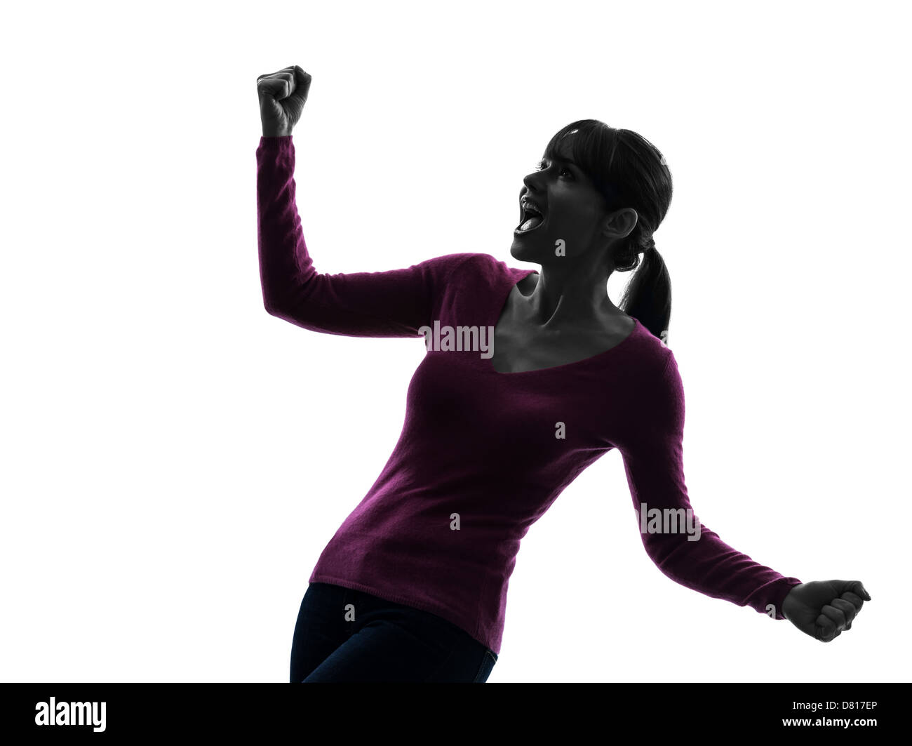 eine Frau Arme ausgestreckt schreien glücklich im Silhouette Studio isoliert auf weißem Hintergrund Stockfoto