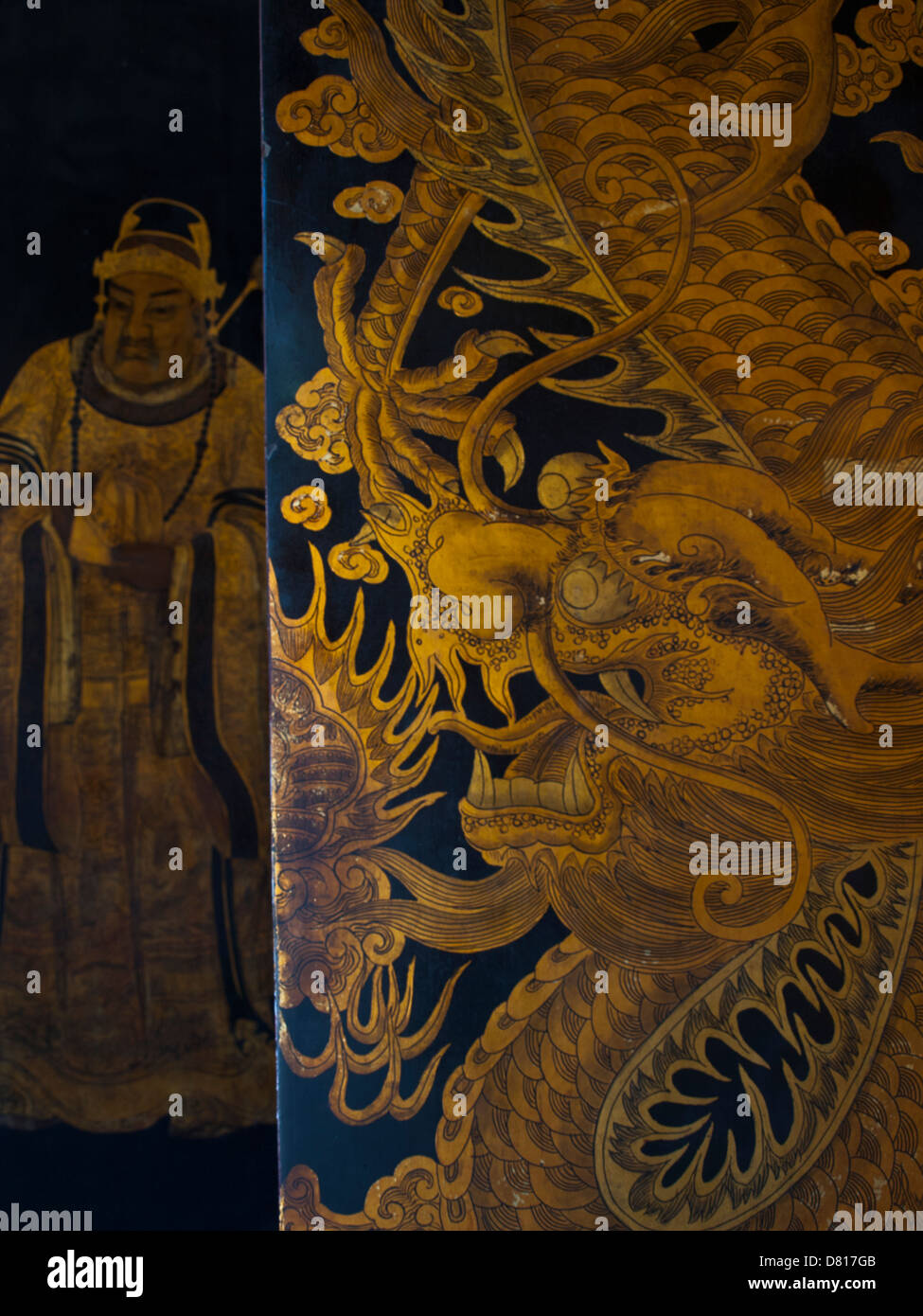 Thian Hock Keng Tempel goldenen Drachen Malerei an Tür Stockfoto