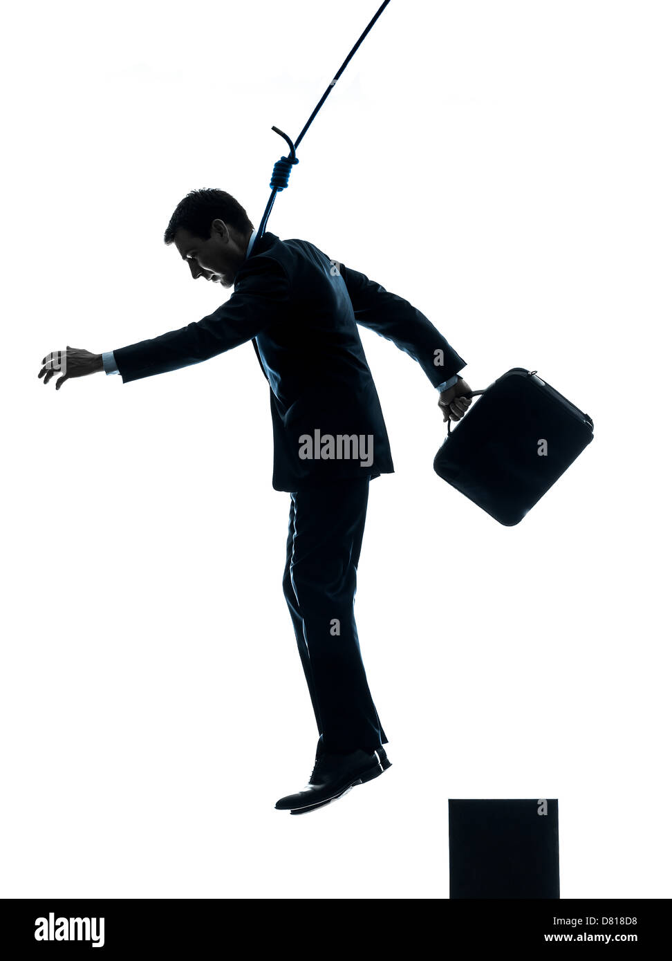 ein Mann Geschäftsmann selbstmörderisch in Silhouette Studio hängen isoliert auf weißem Hintergrund Stockfoto