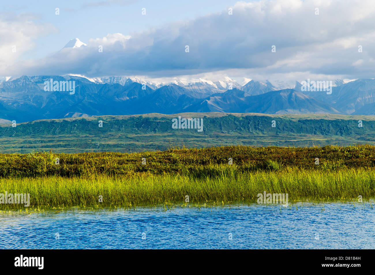 Panoramablick über Alaska Range inklusive Mt. McKinley (Denali Berg) aus Reflexion Teich, Denali National Park, Alaska, USA. Stockfoto