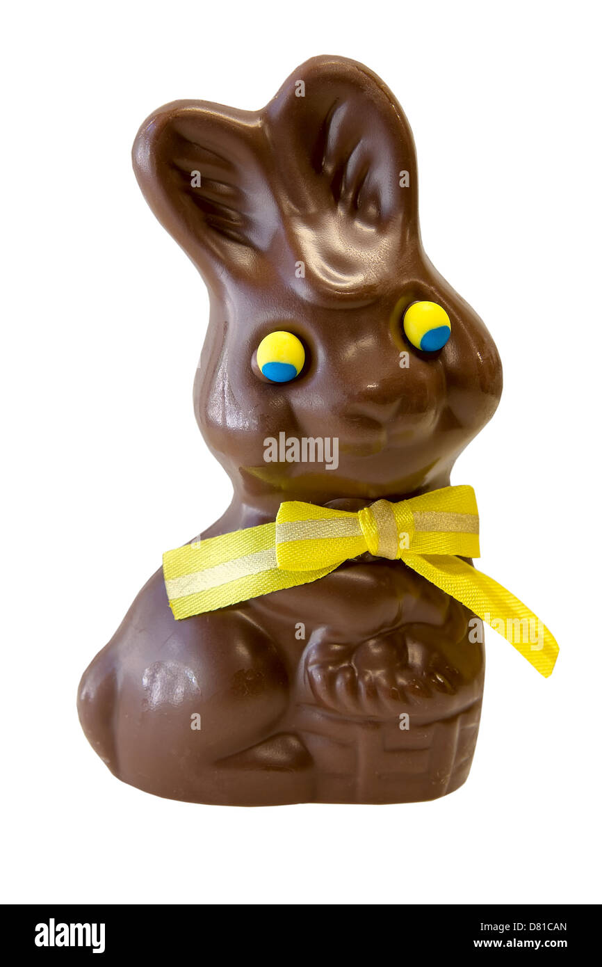 Schokolade Frohe Ostern Tag Hase mit gelben Band beugen isolierten auf weißen Hintergrund Stockfoto