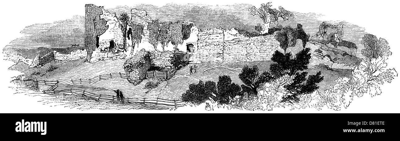 Vintage Gravur: Gesamtansicht der Pevensey Castle Ruins Stockfoto