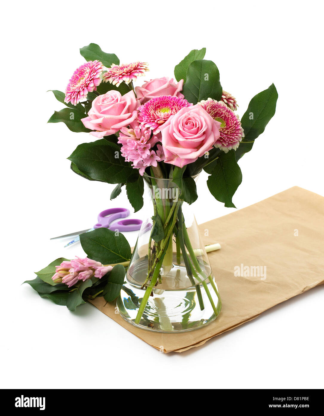 Schneiden Sie rosa Rosen in Glasvase auf einem weißen Hintergrund, einschließlich Verpackung, Papier und Schere ausschneiden Stockfoto