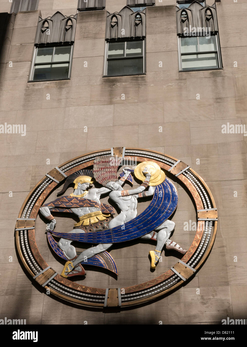 Detail, durchbrochenen Plaque, Tanz, Drama und Lied, Radio City Musik Hall, das Rockefeller Center, New York City Stockfoto