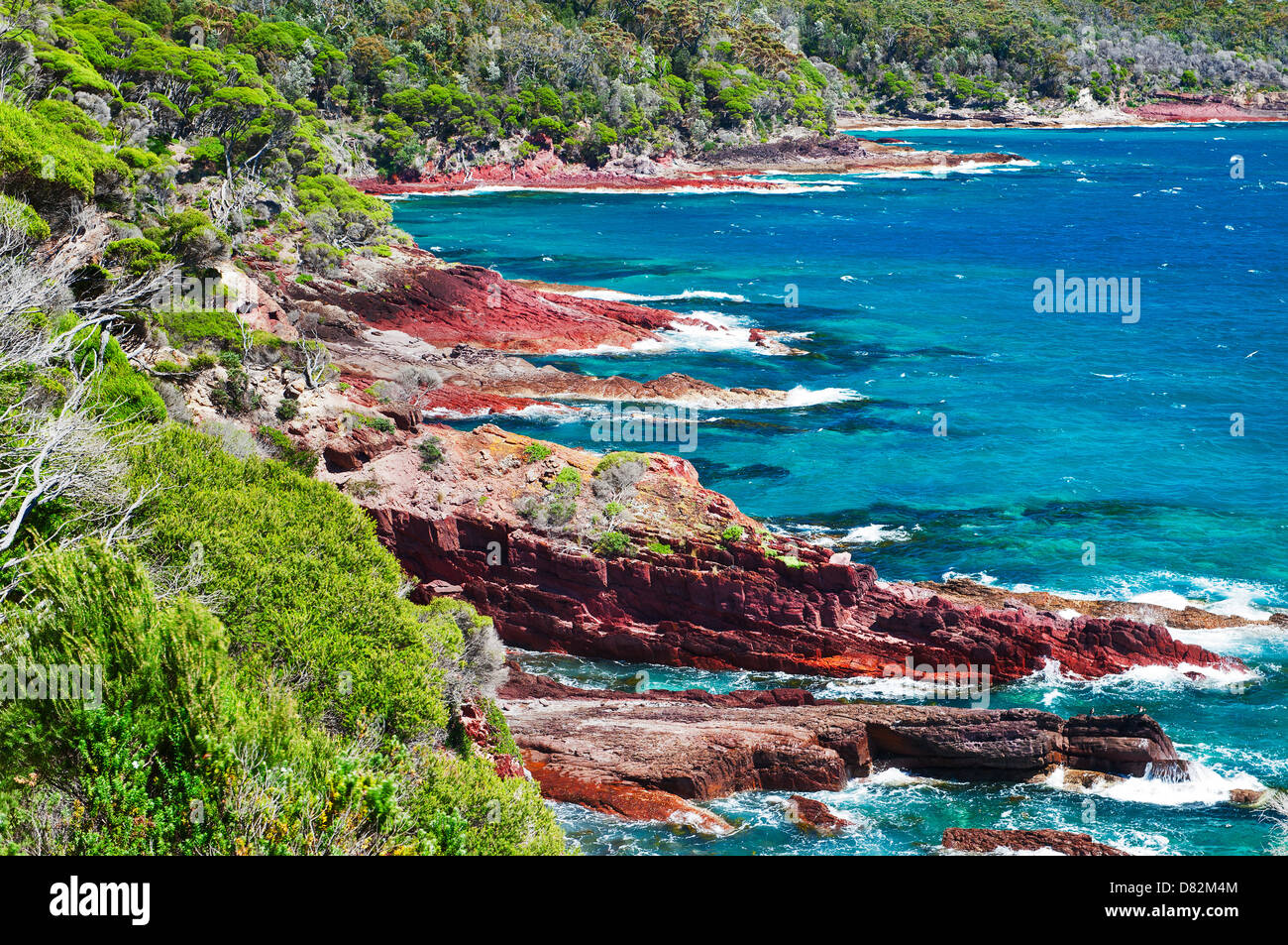 Zerklüftete Küste am roten Punkt in Ben Boyd Nationalpark. Stockfoto