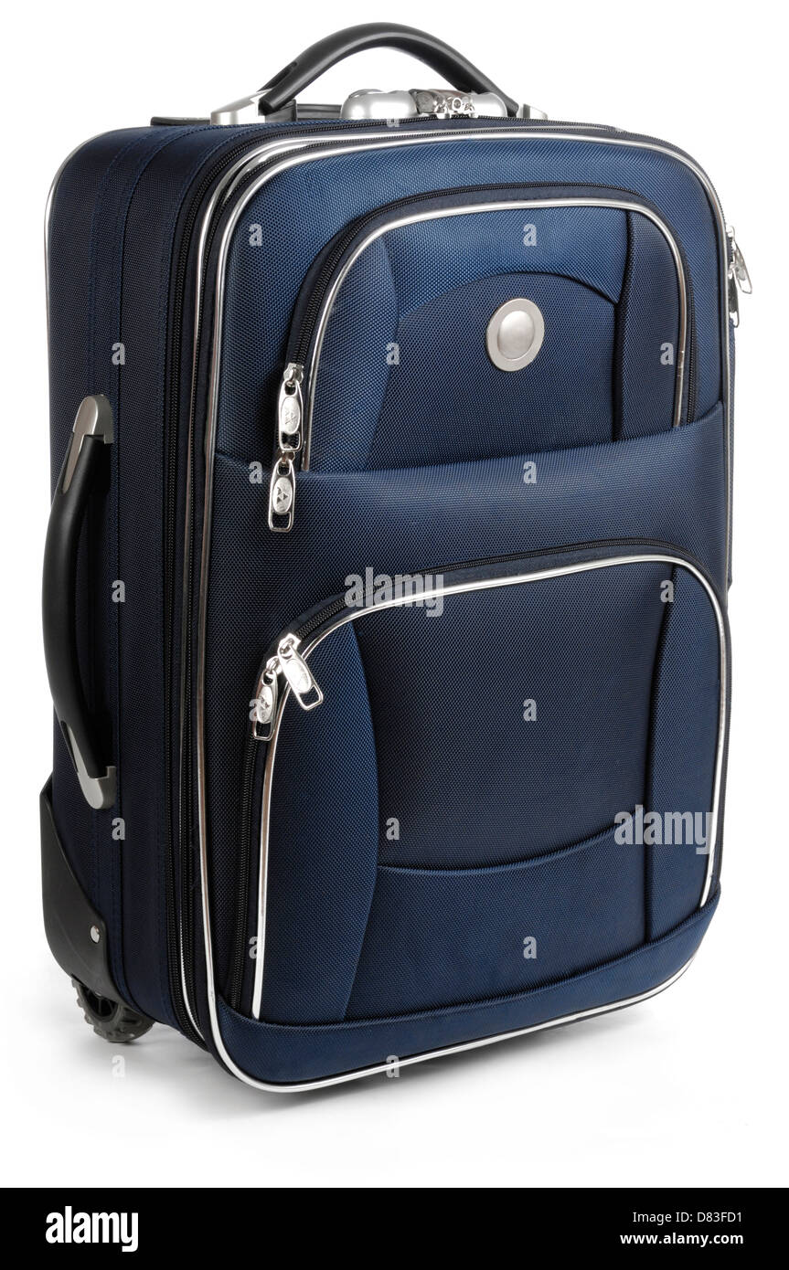 Große blaue Reise Koffer isoliert auf weißem Hintergrund Stockfoto