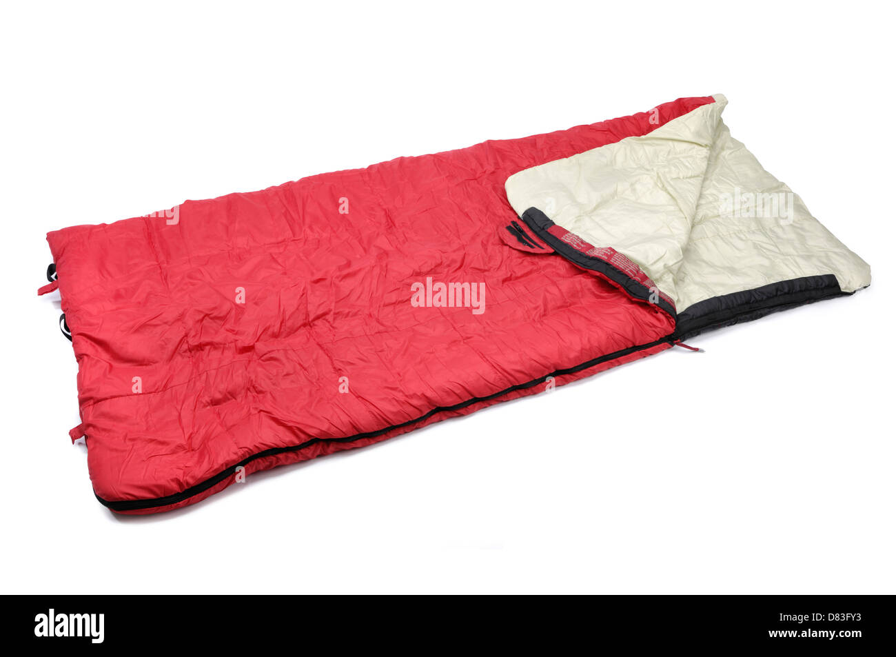 Entfalteten rote Schlafsack isoliert auf weißem Hintergrund mit Beschneidungspfad Stockfoto