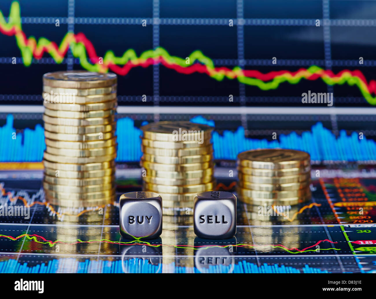 Stapel von Münzen, schnetzelt Würfel mit den Worten, kaufen, verkaufen und  nach unten Trenddiagramm als Hintergrund Stockfotografie - Alamy