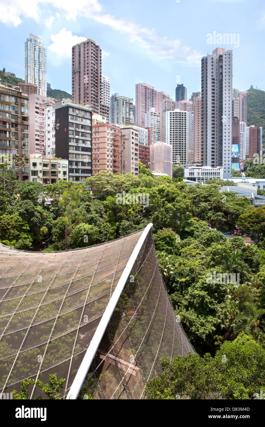 Blick auf mid-Levels und die Edward Youde Voliere aus Hong Kong Park Stockfoto