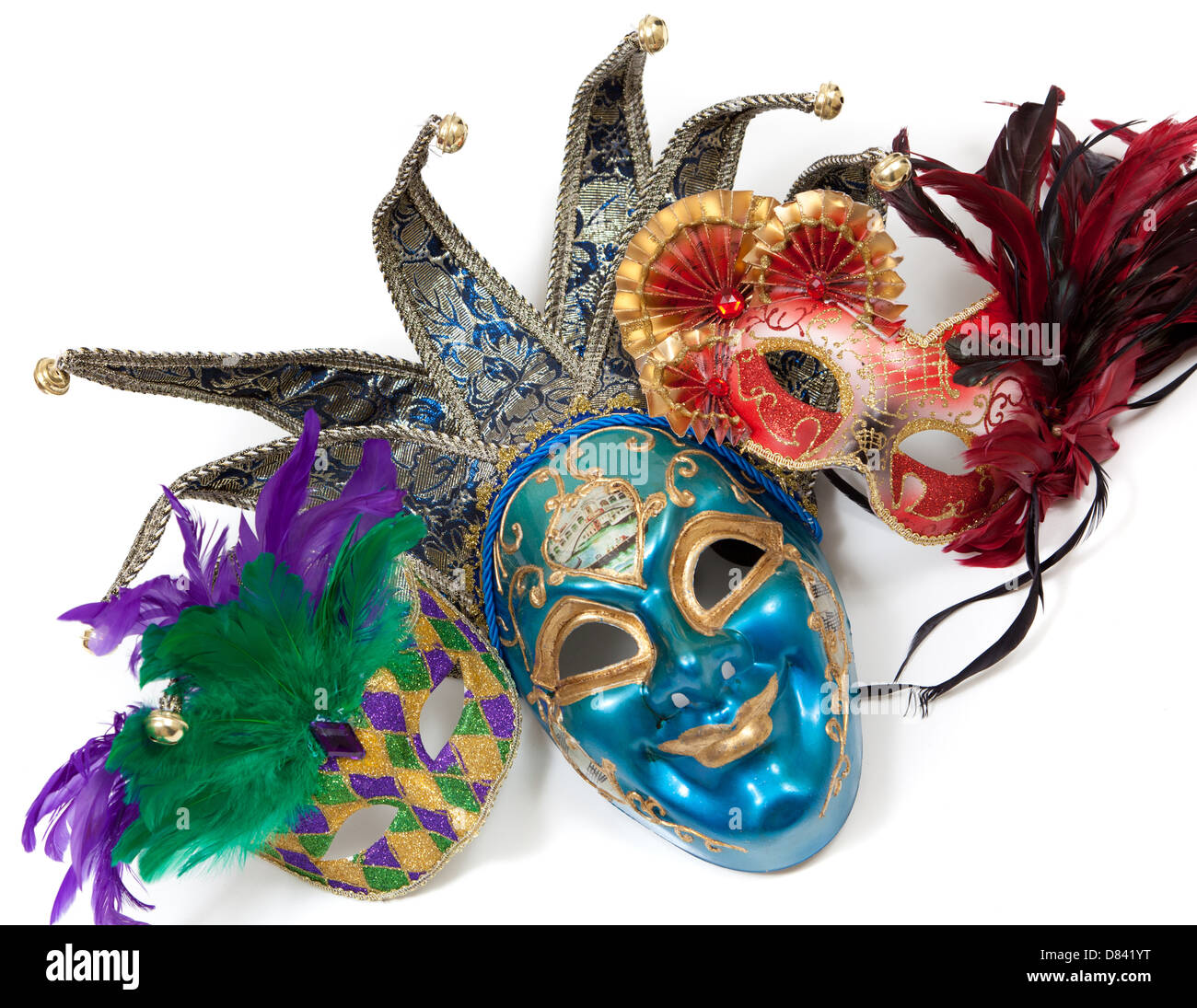 Verschiedene farbige Karneval Masken auf weißem Hintergrund Stockfoto