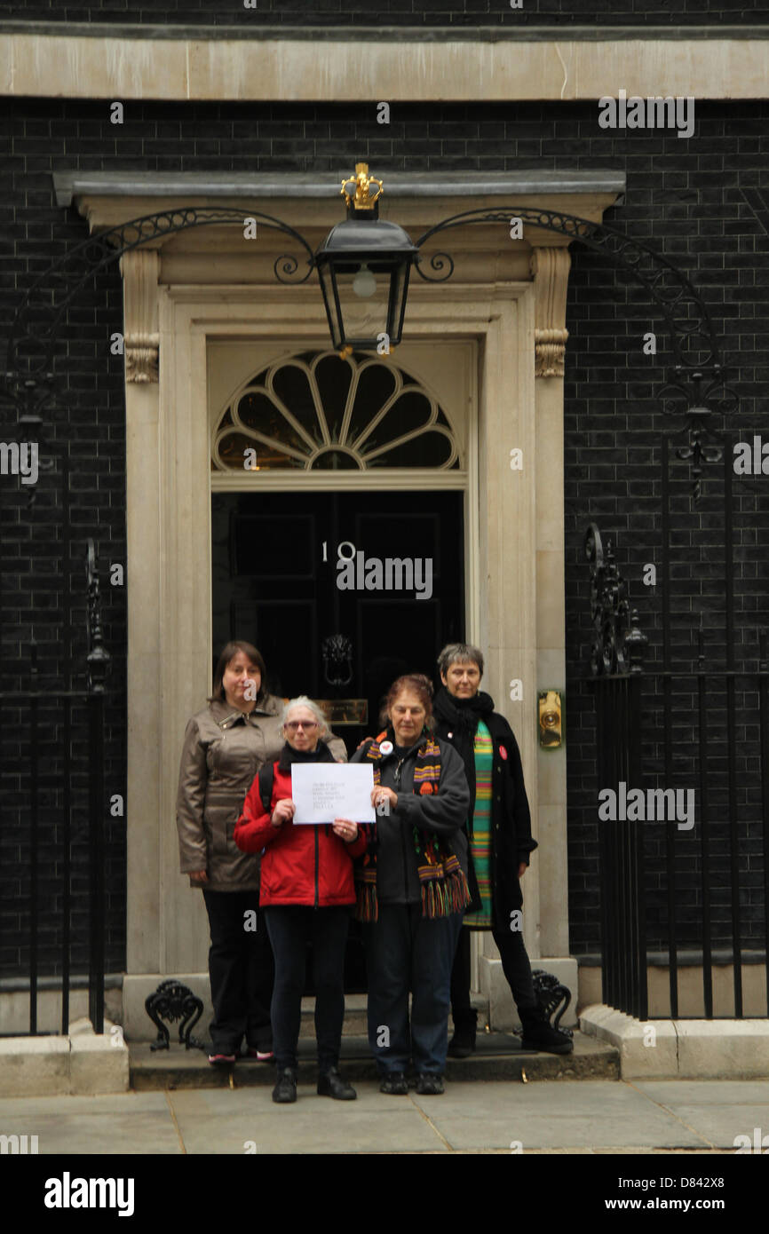 London, Großbritannien. Mai 2013. Sarah Cox, Eve Acorn (Earling) und Gilian Lewis (Lewisham) sahen sich vor DER DOWNING Street Nr. 10 vor der Abgabe einer Petition zur Verteidigung der Kürzungen des NHS. Credit David Mbiyu/Alamy Live News Stockfoto