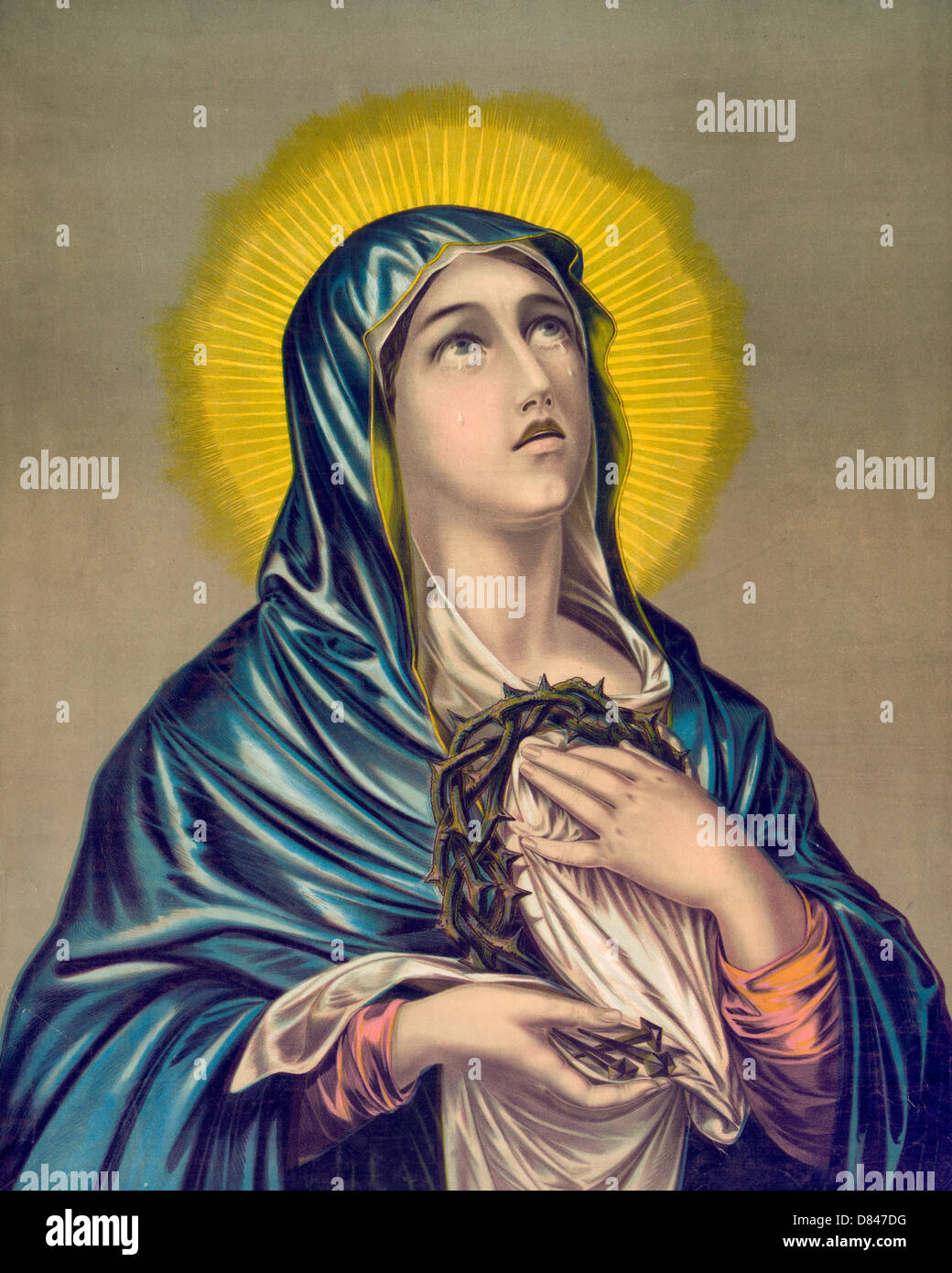 Mater Dolorosa - die trauernde Mutter - unsere Liebe Frau Holding Krone von Dornen und Jesu Mantel Stockfoto