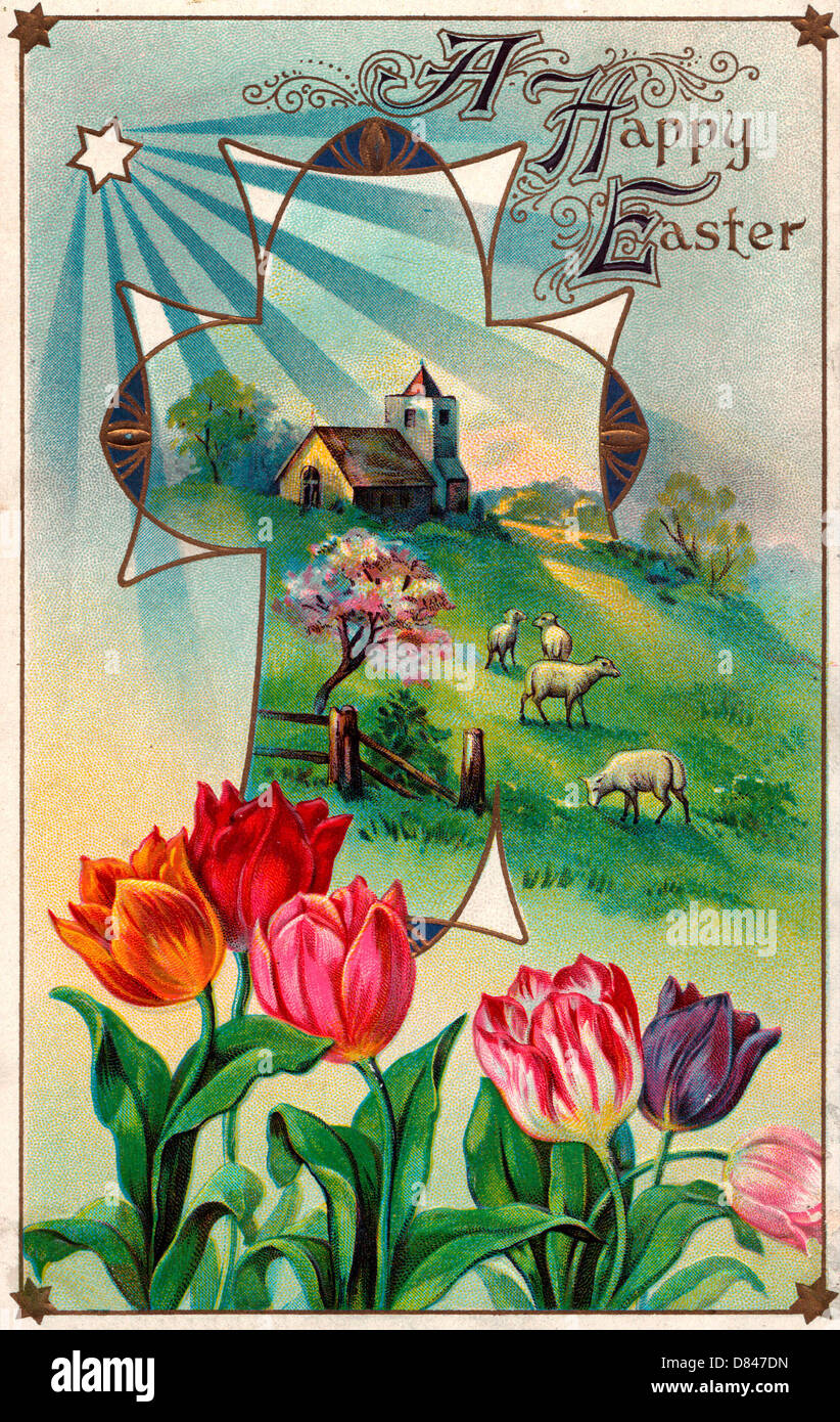 Ein frohes Osterfest - Vintage-Karte mit einer Kirche, Blumen und Schafe grasen auf einer Anhöhe Stockfoto
