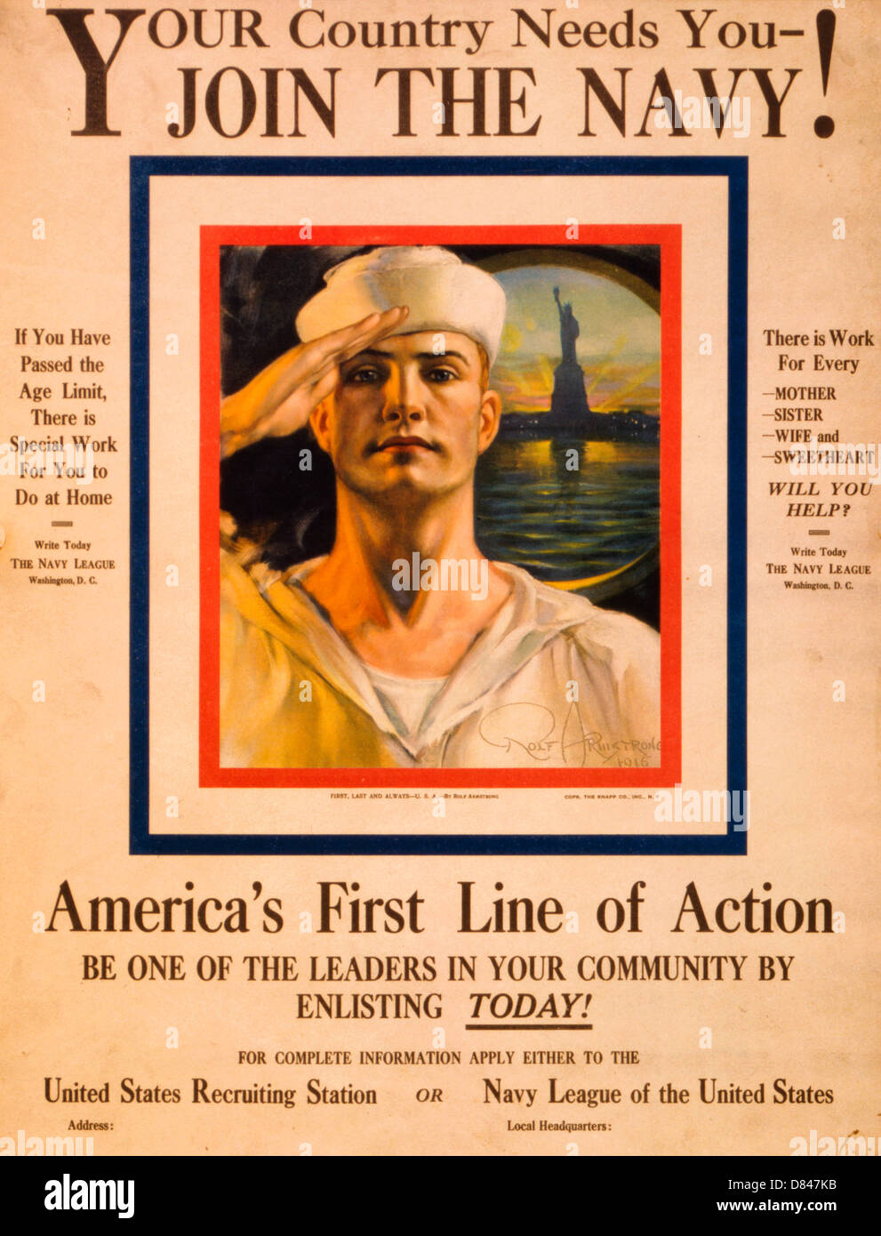 Ihr Land braucht Sie - die Marine beitreten! US Navy Rekrutierung Poster zeigen Kopf und Schultern Porträt eines Seemanns mit Blick durch ein Bullauge der Statue of Liberty im Hintergrund grüßen. Stockfoto