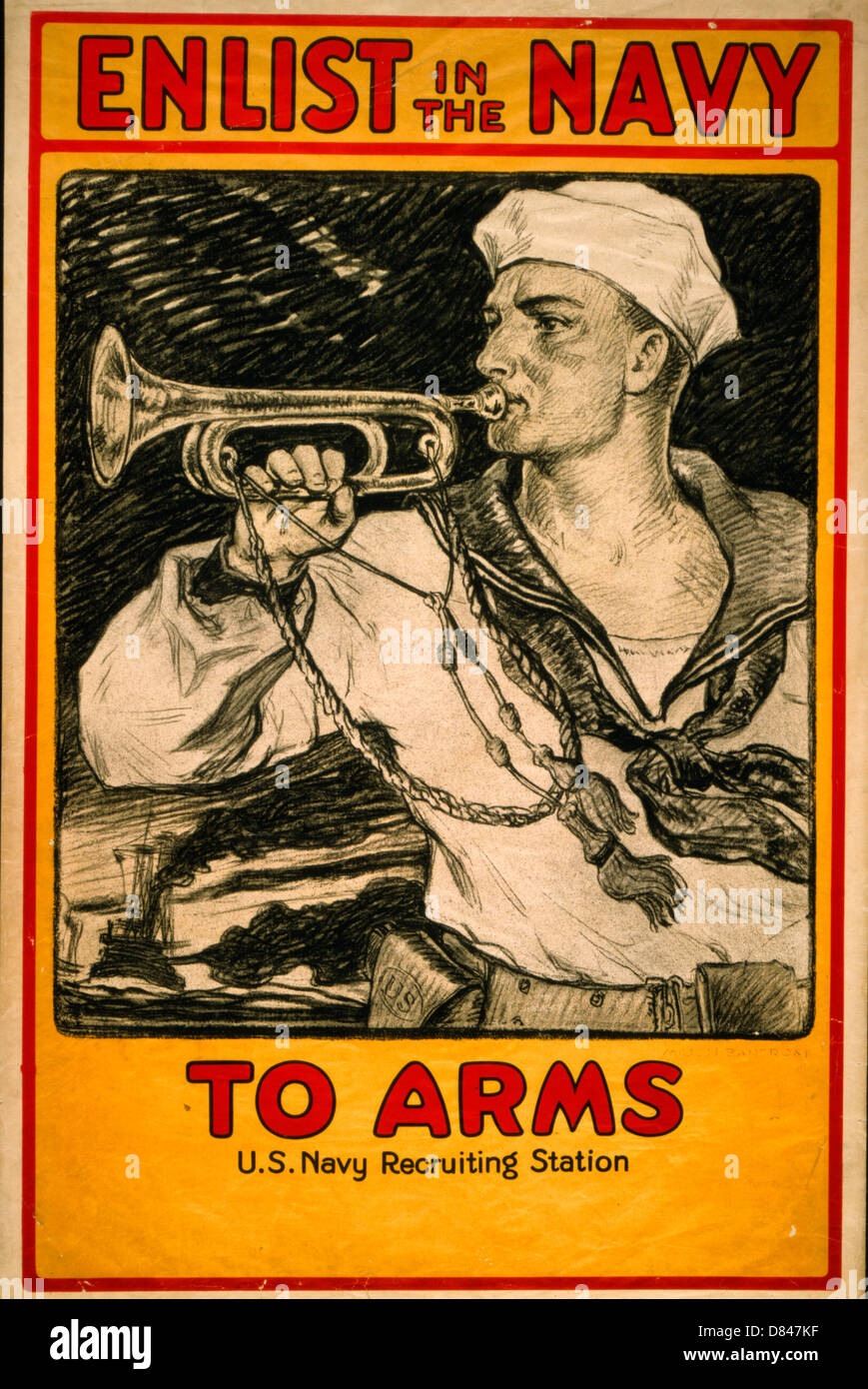 Eintragung in der Marine zu den Waffen - Plakat zeigt einen Seemann eine Trompete bläst. USA-Navy Recruiting Poster, ca. 1917 Stockfoto