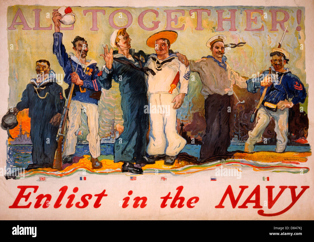 Alle zusammen! Tragen Sie in die Marine-Plakat zeigt einen amerikanischen Seemann unter Seglern aus verschiedenen Ländern ein. Vintage Plakat 1917 Stockfoto