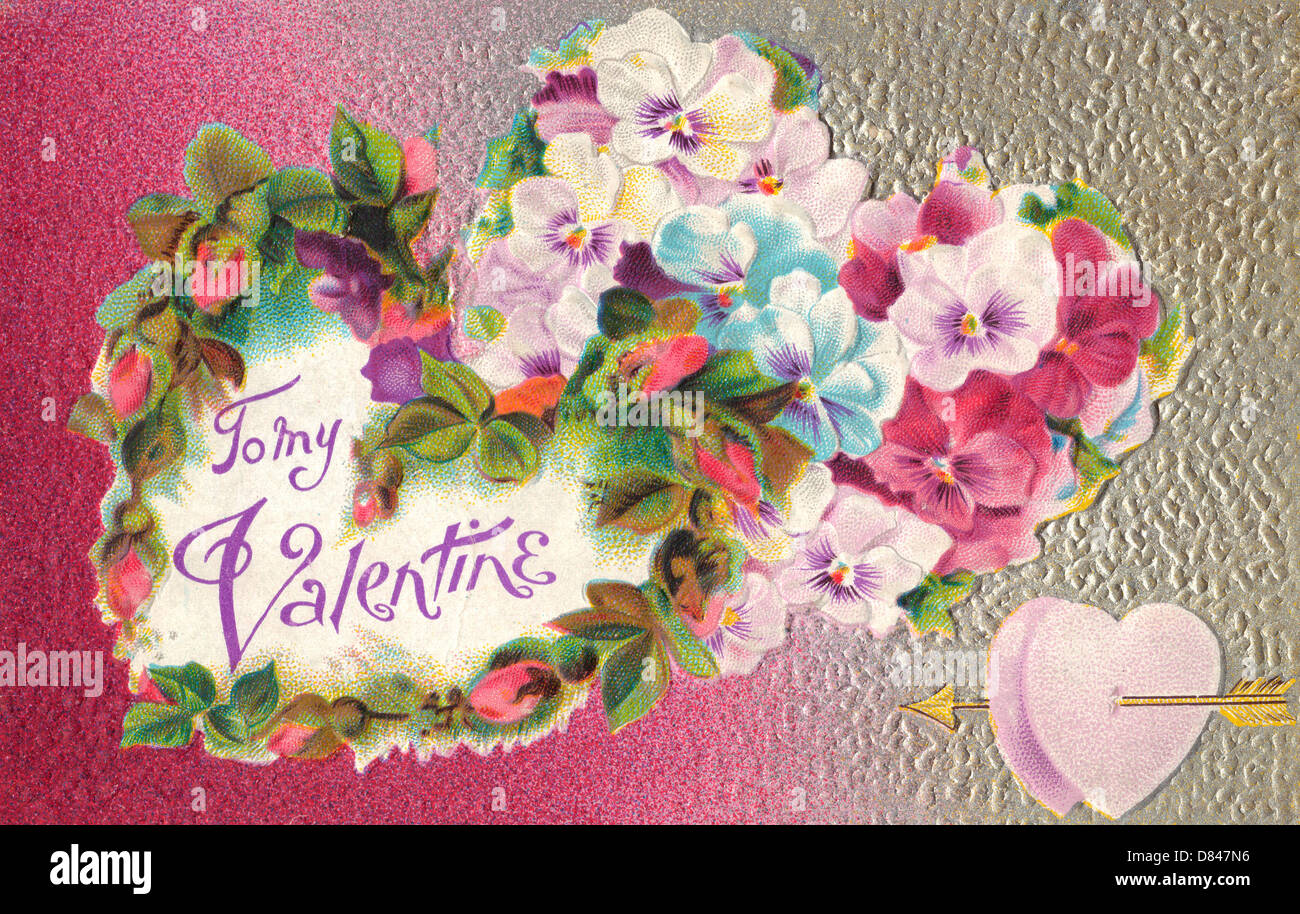 Zu my Valentine - Vintage-Karte mit Herzen und Blumen Stockfoto