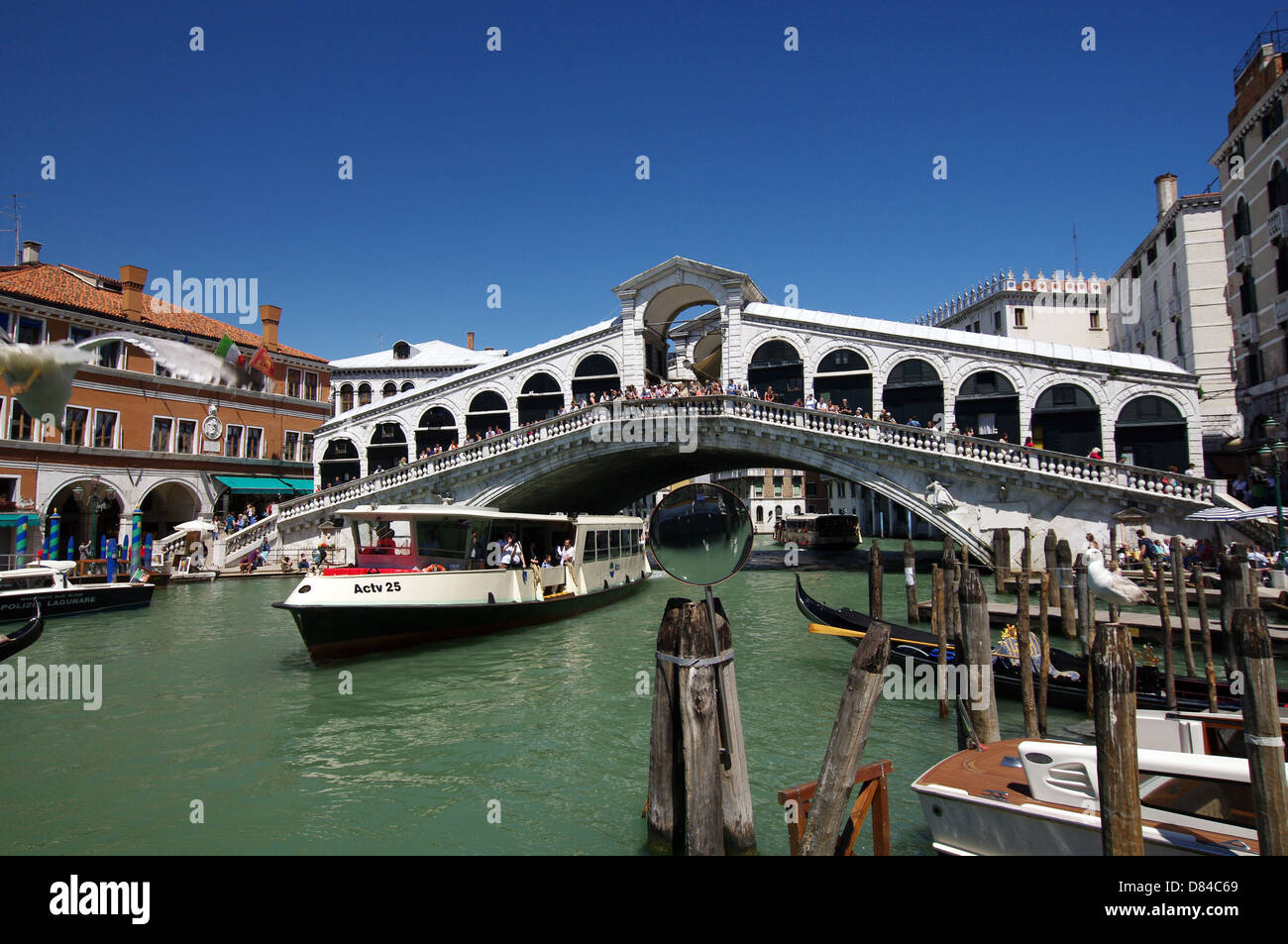 Vaporetto Unterquerung der berühmten Rialto-Brücke, Venedig Stockfoto