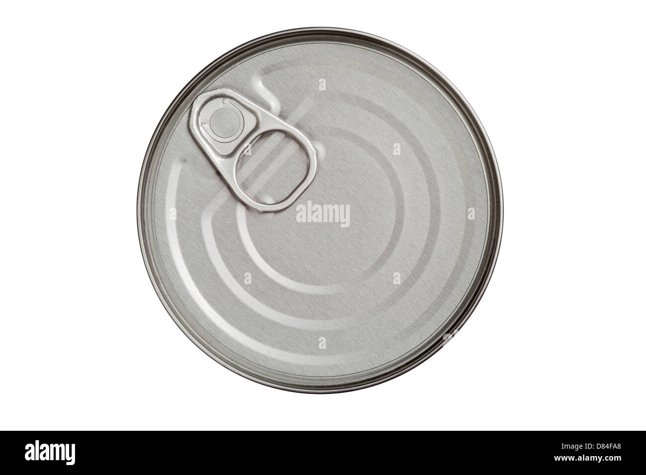Top von Zinn mit Opener isoliert auf weißem Hintergrund Stockfoto