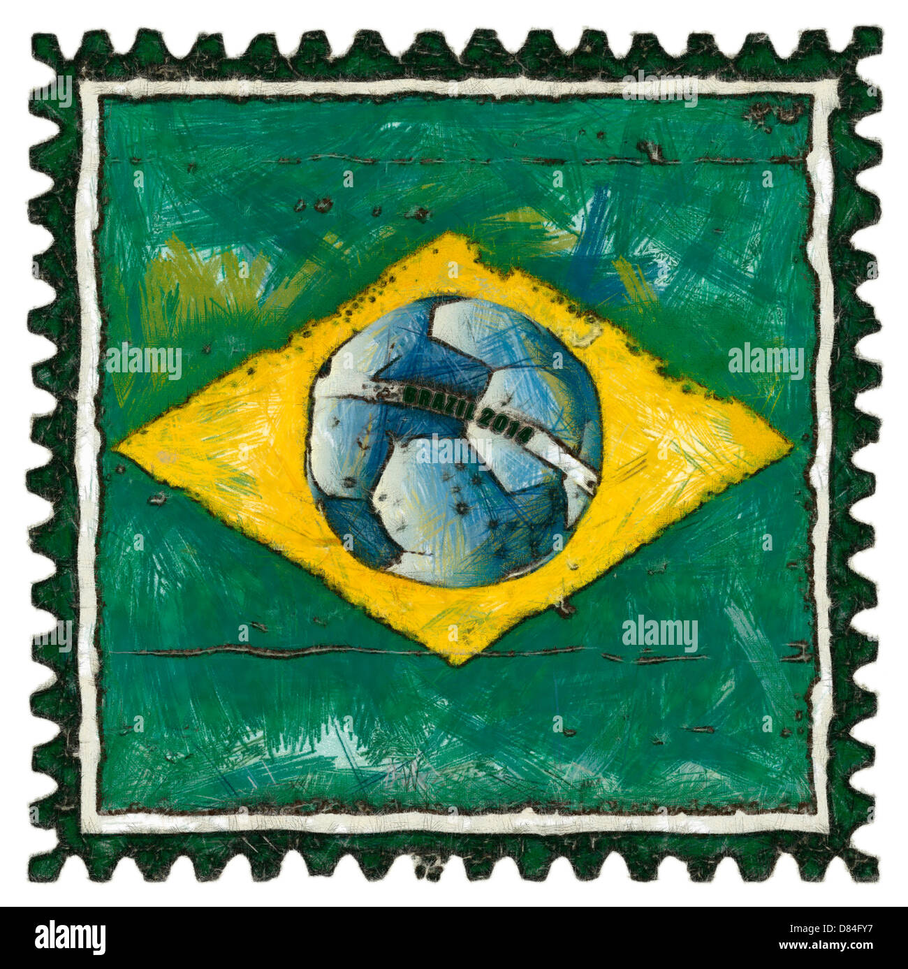 Brasilien-Flagge mit Ball wie Stempel im Grunge-Stil Stockfoto