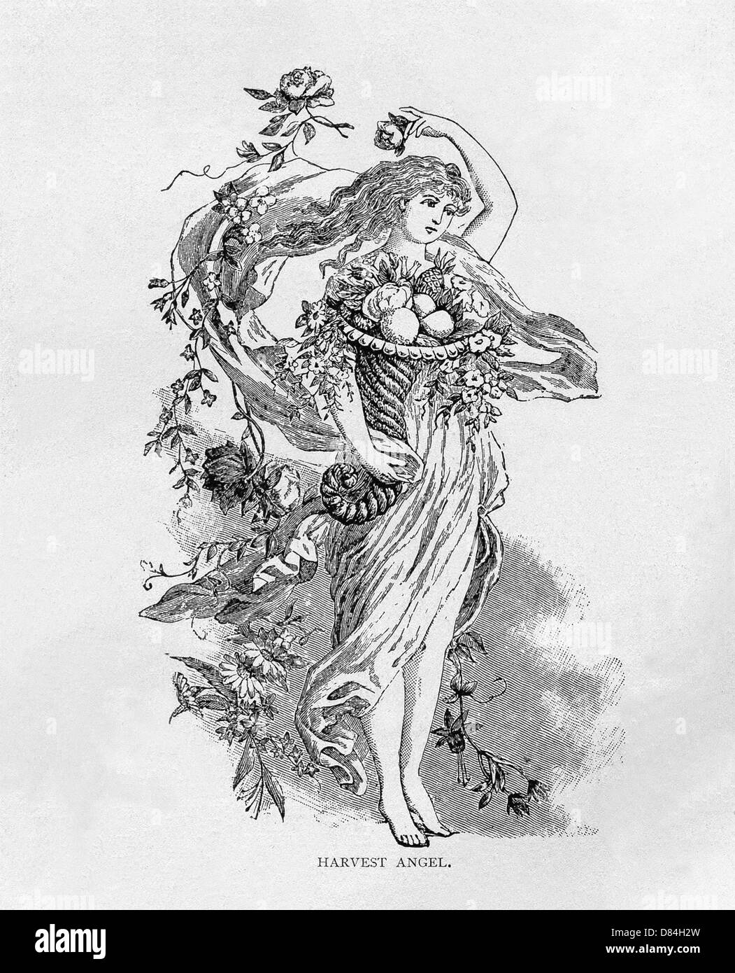 Diese 1891 Bild zeigt Ernte Engel. Unterstützt von ihrer rechten Hand und Arm ist ein Füllhorn voller Lebensmittel und Blumen. Stockfoto
