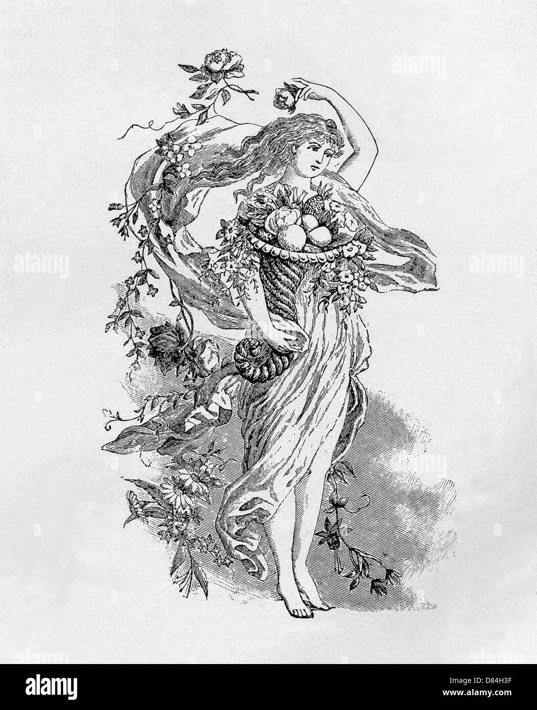 Diese 1891 Bild zeigt Ernte Engel. Unterstützt von ihrer rechten Hand und Arm ist ein Füllhorn voller Lebensmittel und Blumen. Stockfoto