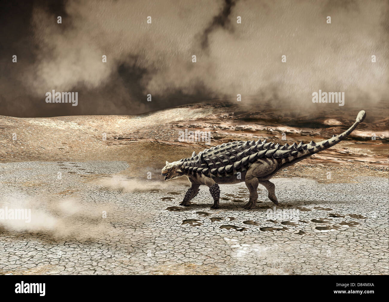Ein Chulsanensis Dinosaurier Saichania ist gefangen in einem Sandsturm. Stockfoto