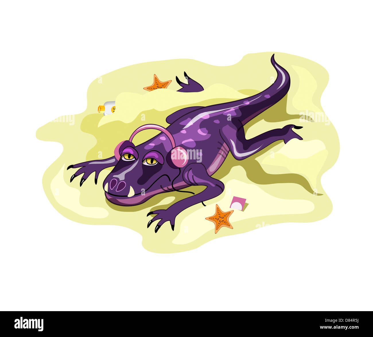 Illustration einer Anteosaurus Sonnenbaden mit Kopfhörer. Stockfoto