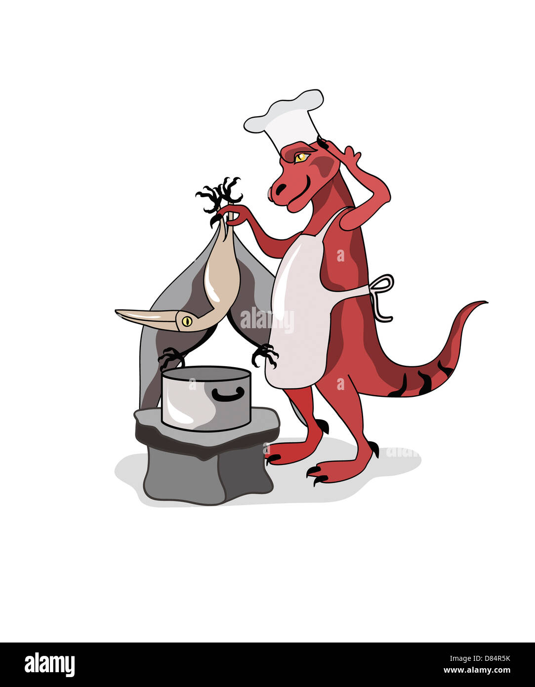 Abbildung eines Tyrannosaurus Rex Küchenchefs kochen. Stockfoto