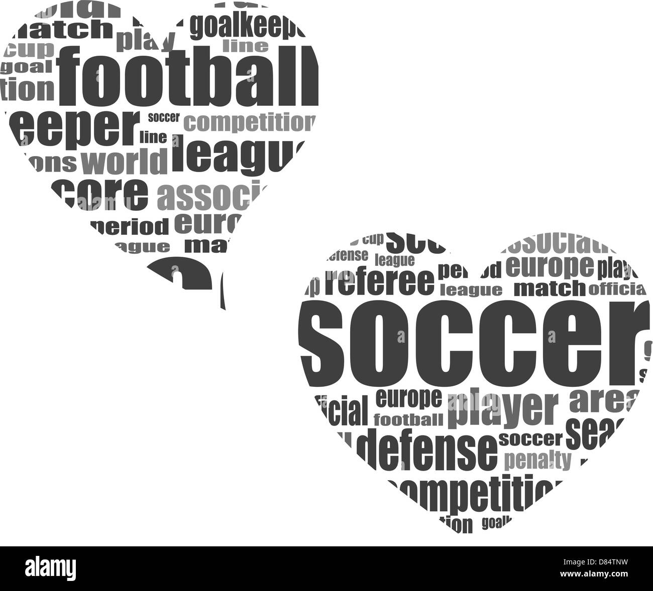 Fußball-Wort-Wolke-Konzept in Herzform Stockfoto