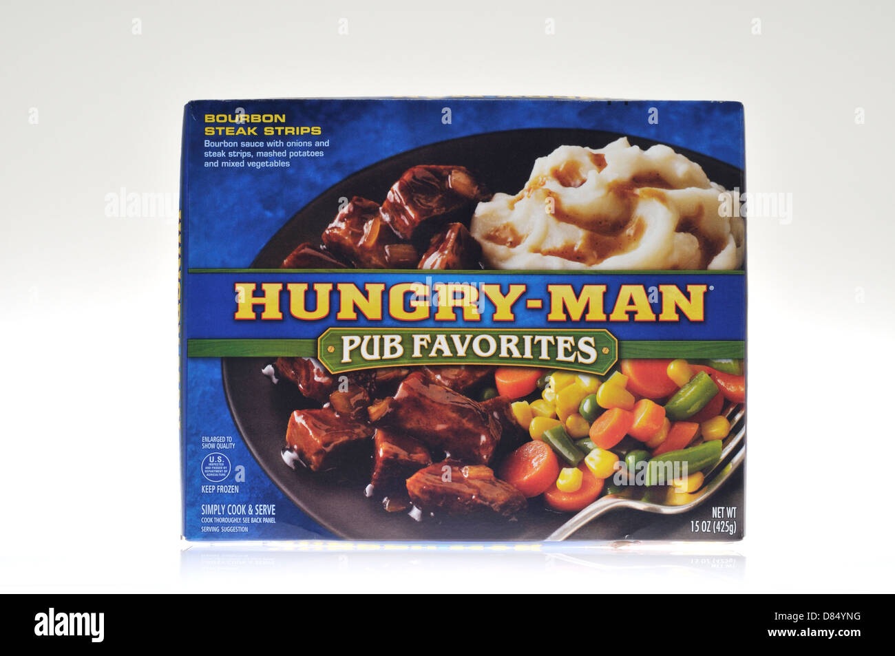Box von Swanson hungrig-Man gefrorene Fertiggerichte TV Dinner auf weißem Hintergrund, Ausschnitt. USA Stockfoto