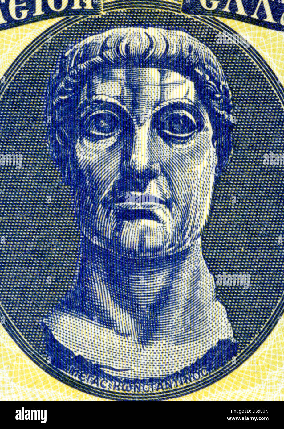 Konstantin der große (272-337) auf 100 Drachmai 1950 Banknote aus Griechenland. Römischer Kaiser während 306-337. Stockfoto