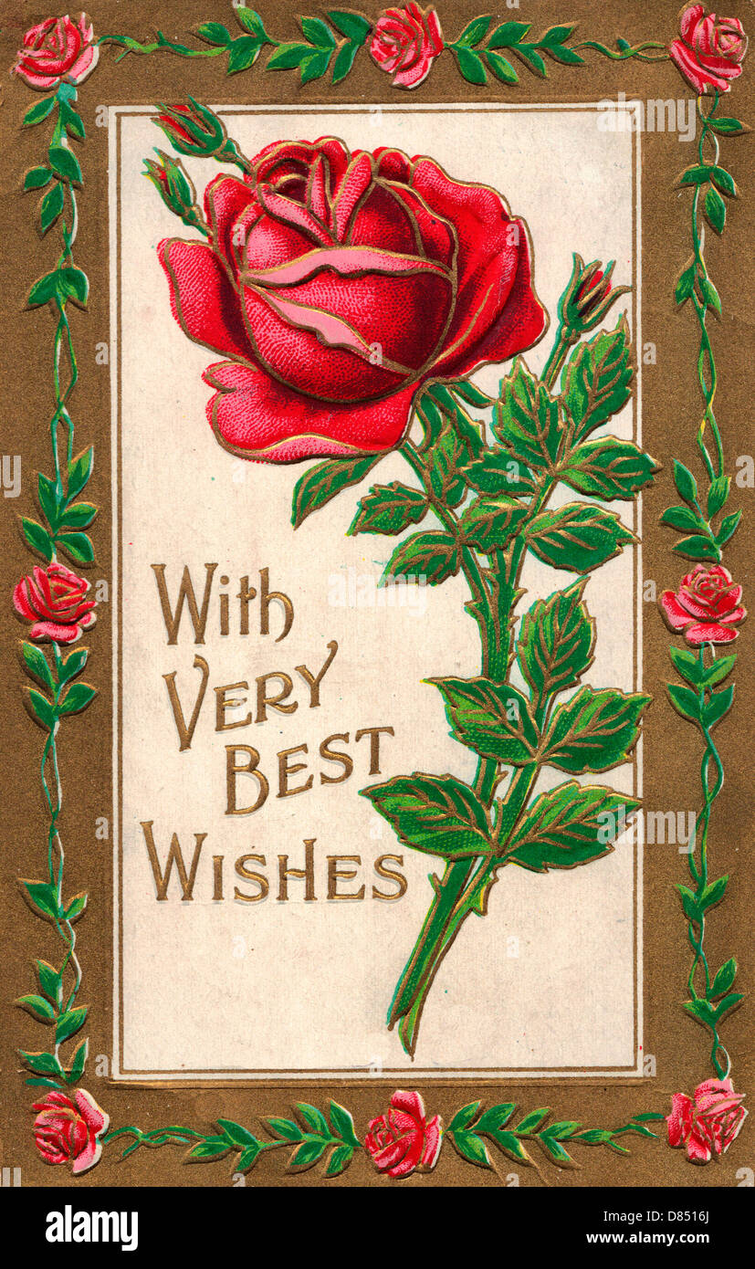 Mit den allerbesten Wünschen - Vintage Karte mit Rose Stockfoto
