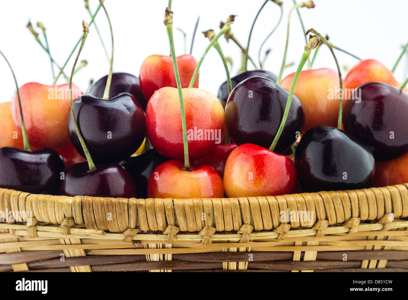 Rainier und schwarzen Kirschen, sitzen in einem Korb auf einem weißen Hintergrund isoliert. Stockfoto