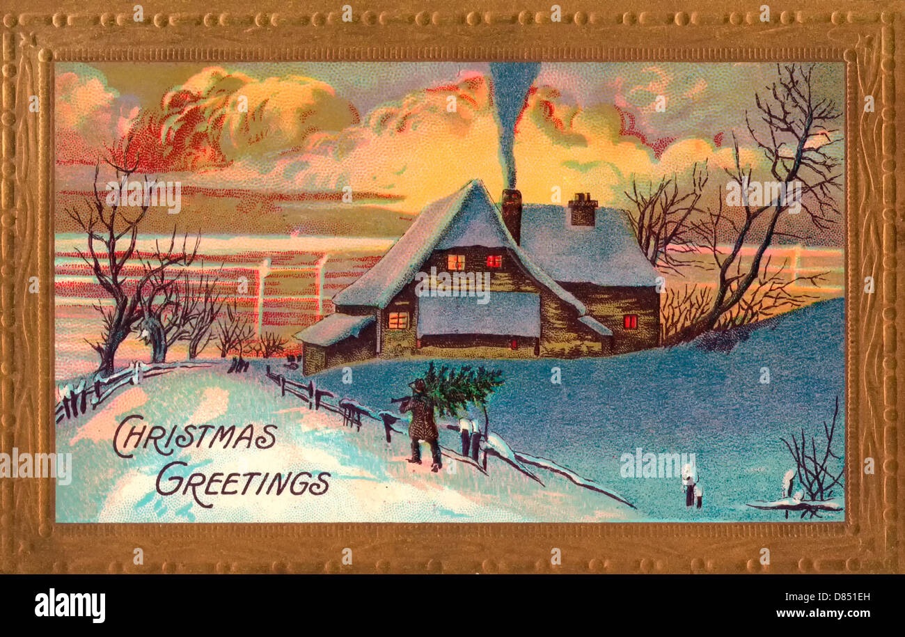 Weihnachtsgrüße - Vintage Karte mit Winterszene Stockfoto