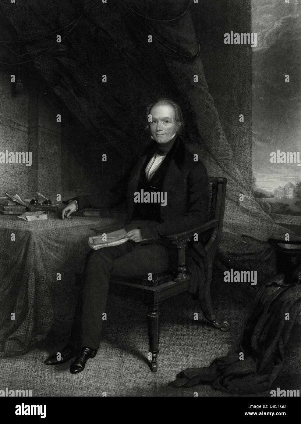 Henry Clay - sitzend mit Beine gekreuzt, nach vorne, mit rechten Arm ruht auf einem Tisch, und hält Papiere im Schoß mit der linken Hand, um 1840 Stockfoto
