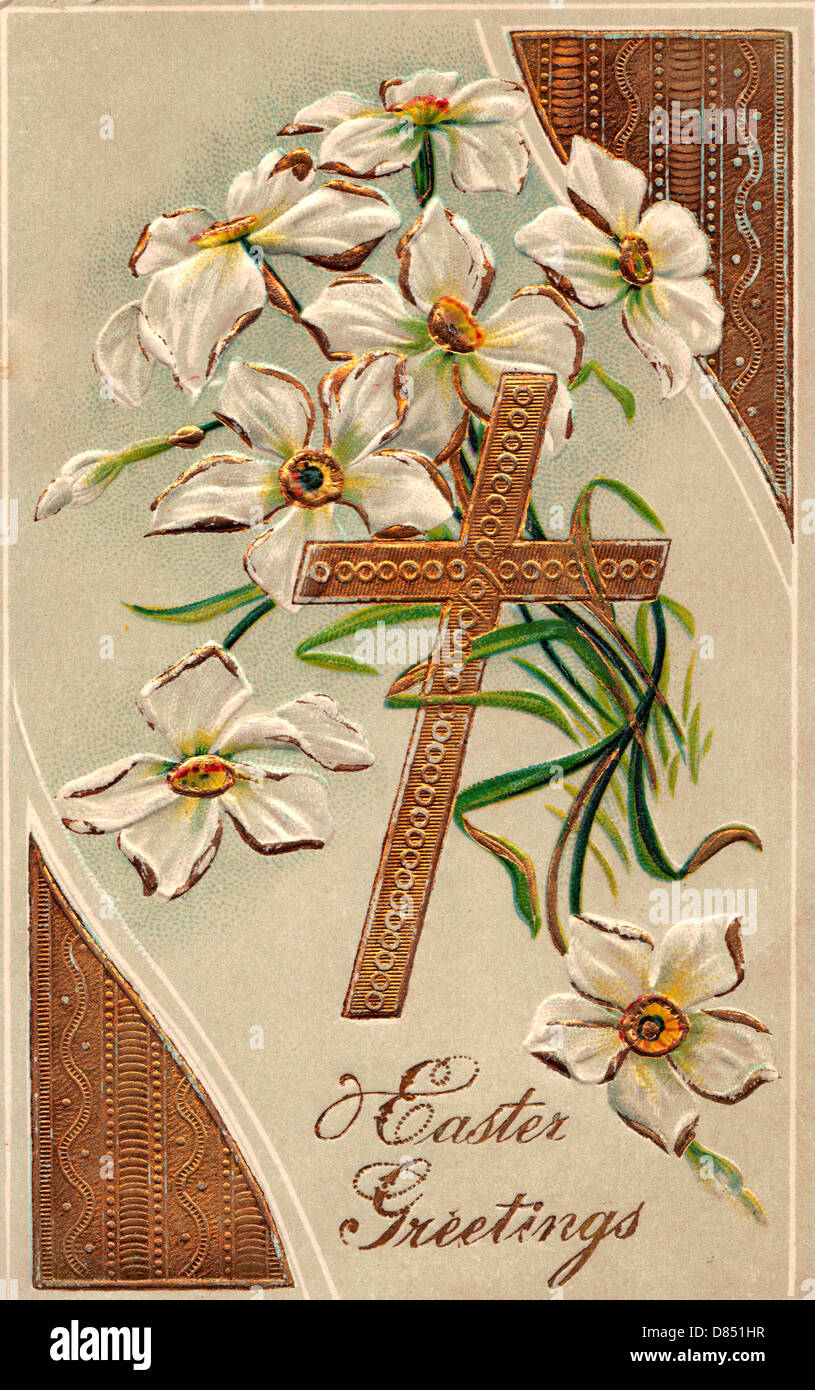 Ostergrüße - Vintage-Karte mit Kreuz und Blumen Stockfoto