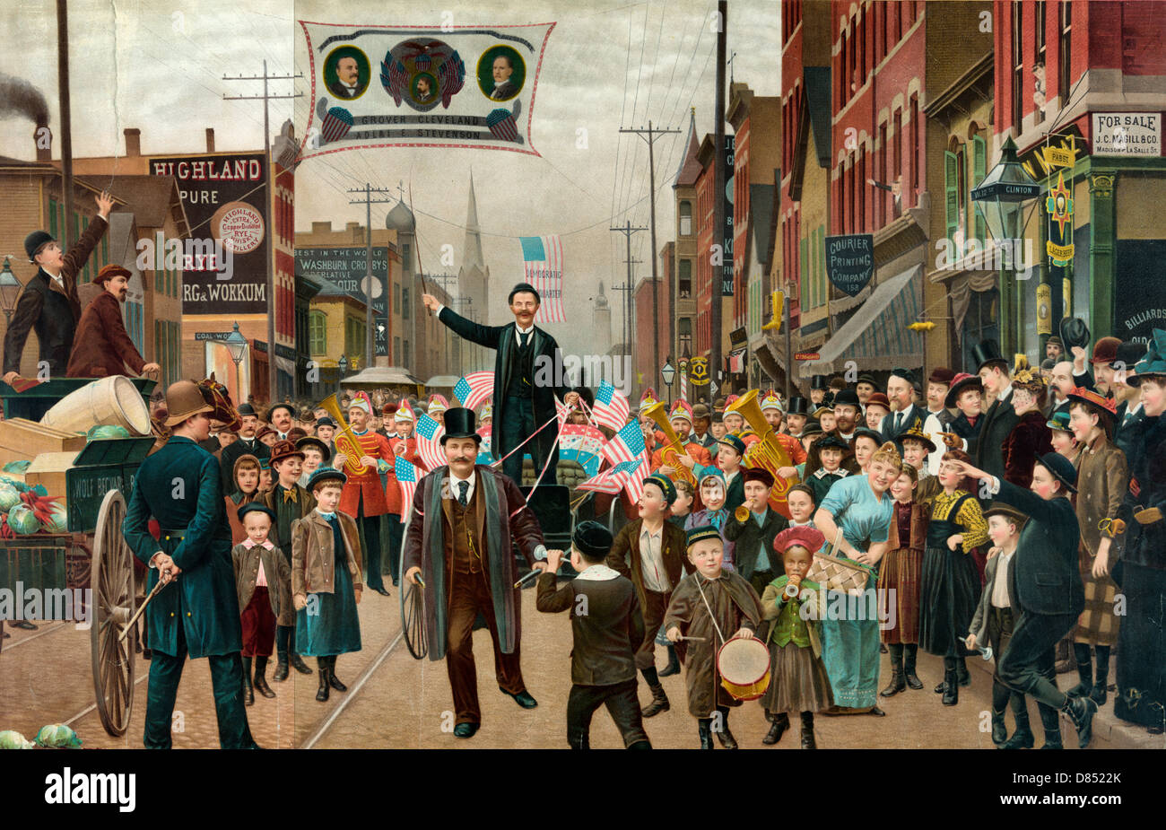 Die verlorene Wette - Parade mit Banner zeigen Kopf und Schulter Portraits von Grover Cleveland, Adlai und Gouverneur John Peter Altgeld. 1893 Stockfoto