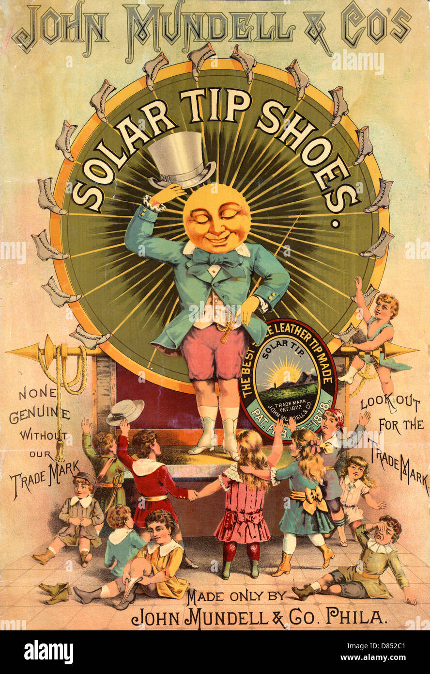 John Mundell & Firma solar Tipp Schuhe - Mann mit strahlenden Sonne Gesicht kippen seinen Hut zu einer Gruppe von Kindern, Werbung 1889 Stockfoto