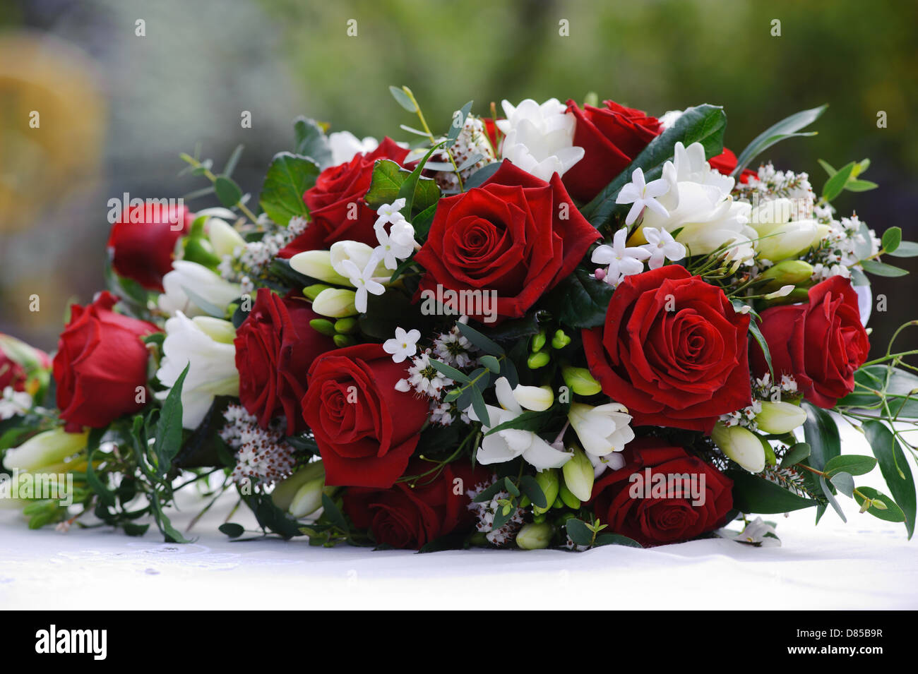 Bräute rote Rosen bei Hochzeit Stockfoto
