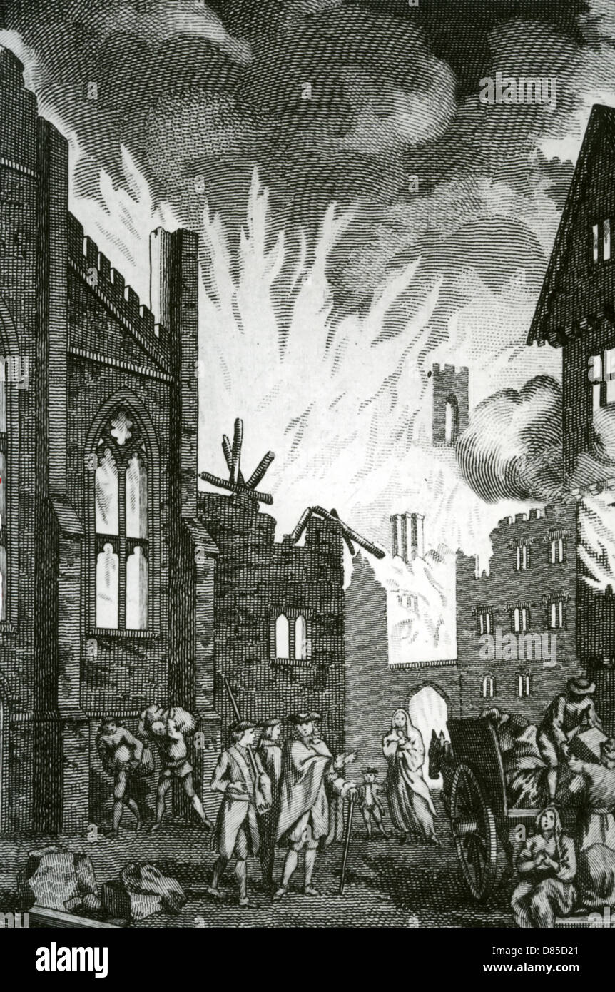 GREAT FIRE OF LONDON September 1666 in einem Kupferstich aus dem 18. Jahrhundert Stockfoto