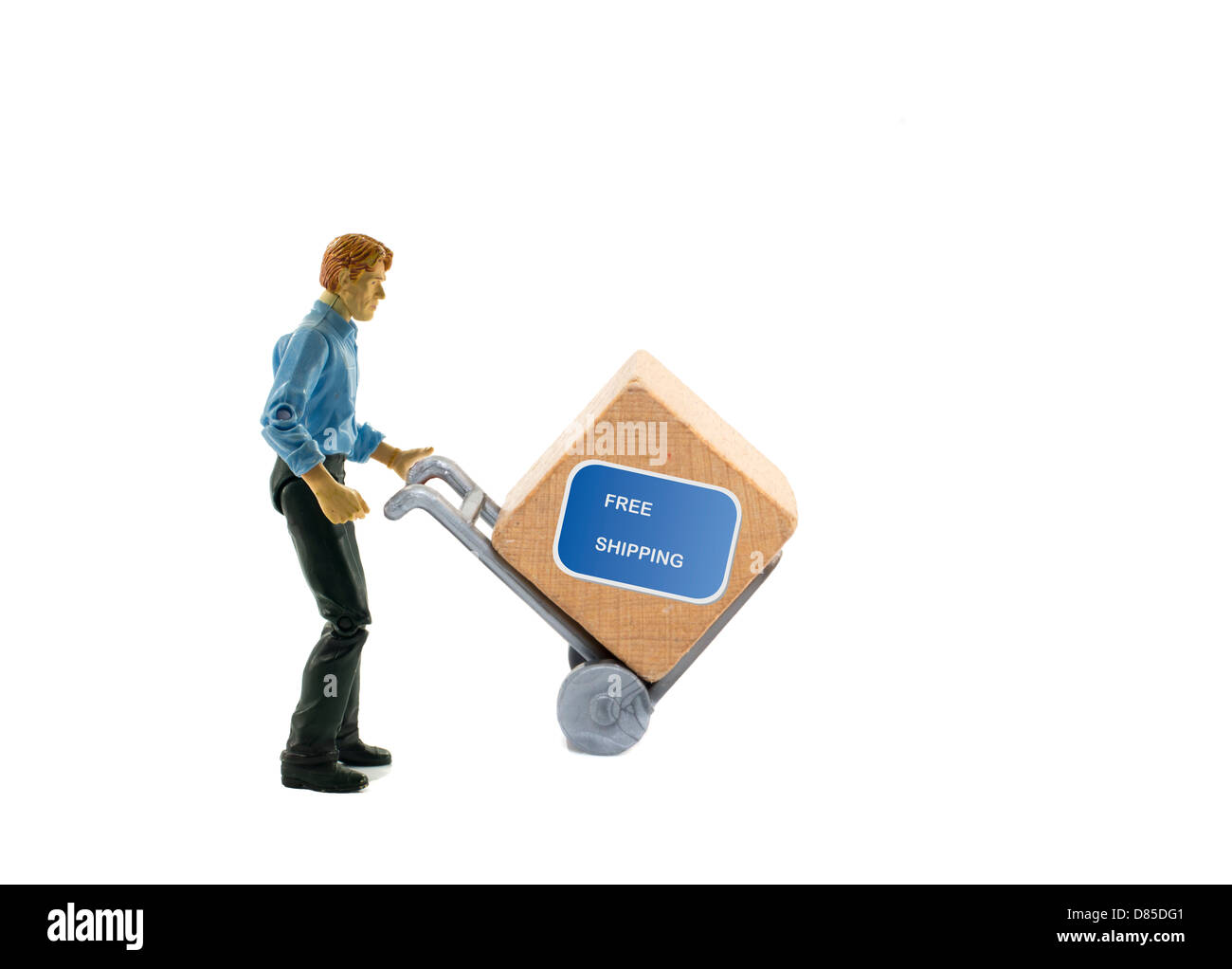 Mann mit Trolley und Feld Text versandkostenfrei Stockfoto