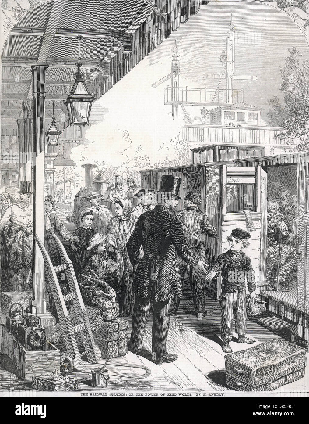 Leute, die an einem Bahnhof in einen Zug einsteigen 1864 Stockfoto
