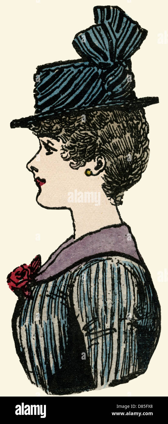 Profil einer viktorianischen Frau mit Hut 1884 Stockfoto